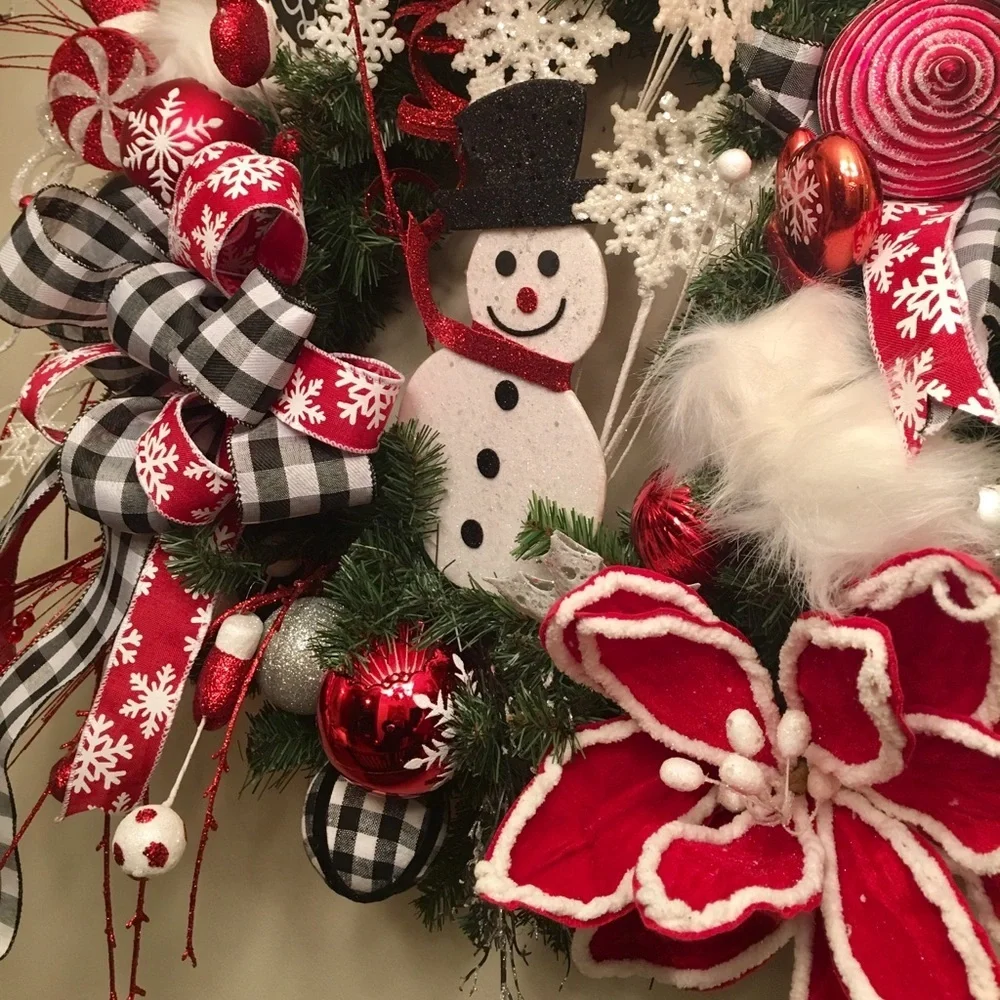 New Floral Designer Black Plaid Red White Poinsettia Snowman Christmas Wreath